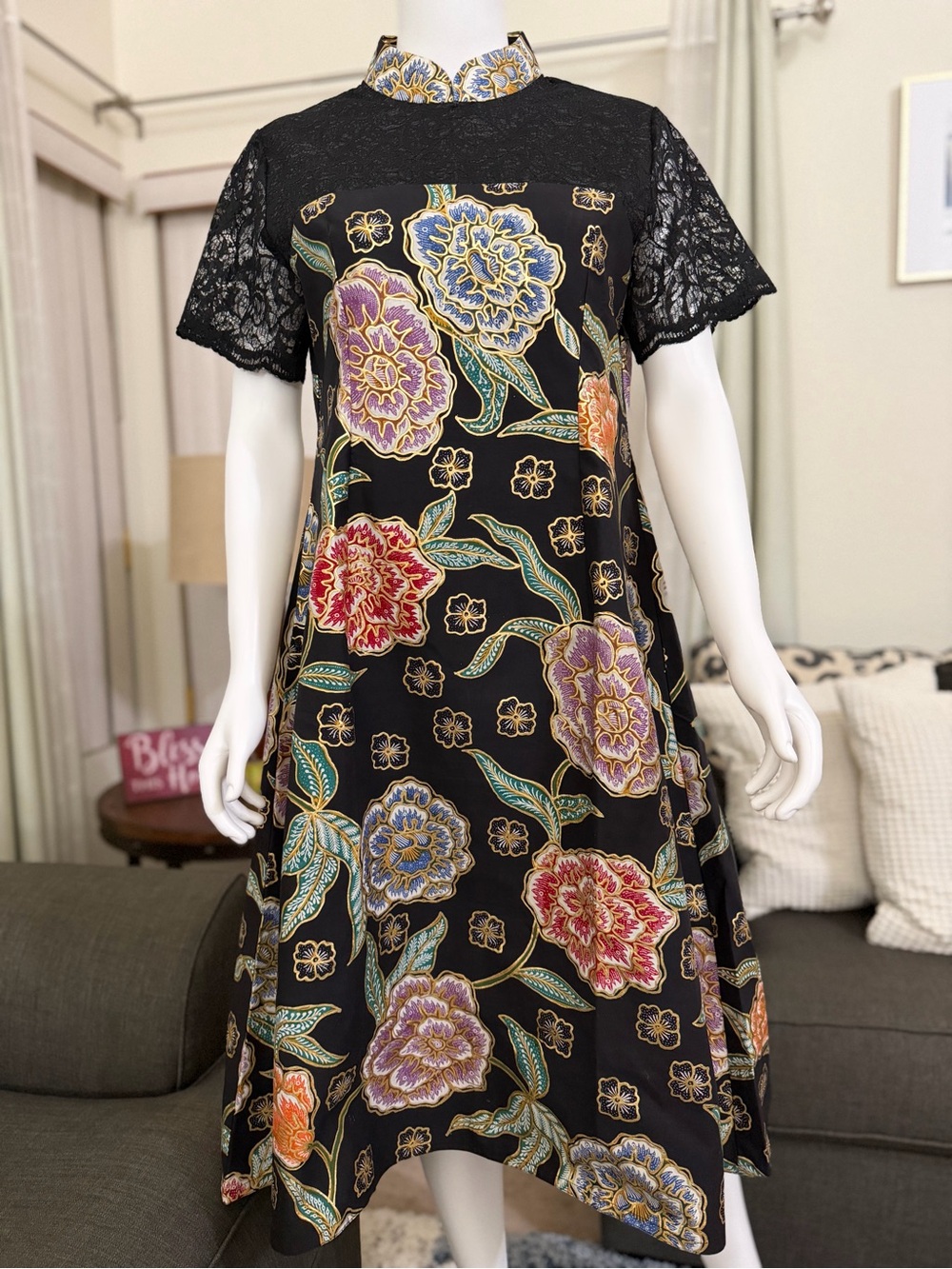 Black Floral A-Line BATIK Dress with Lace Sleeve